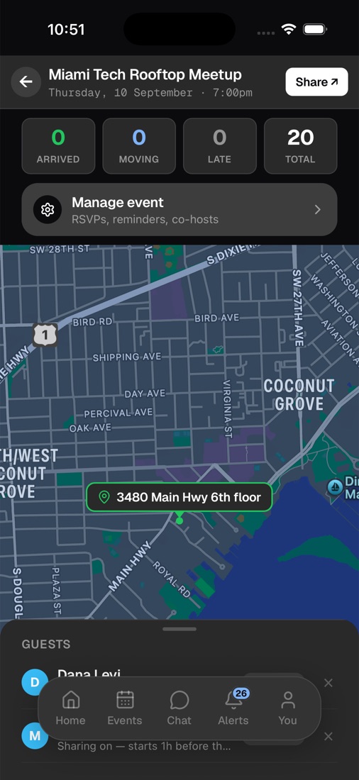 The EventETA host dashboard showing guests arriving